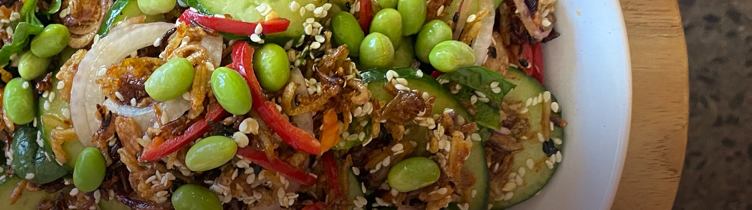 Summer cucumber salad with edamame, chilli and sesame